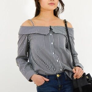 Striped‎ Off the Shoulder Collared Blouse Straps Button Front Wide Cuff Size M